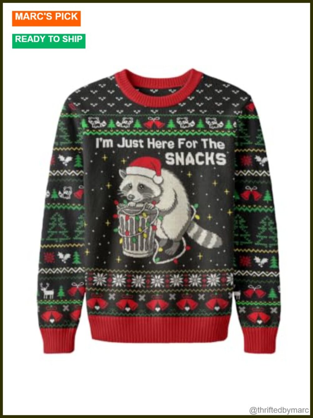 Raccoon Ugly Christmas Knit Pullover Sweater Crew Neck Long Sleeve